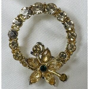 Vintage Floral Wreath Gold Tone Off White Green Rhinestones Pin Back Brooch